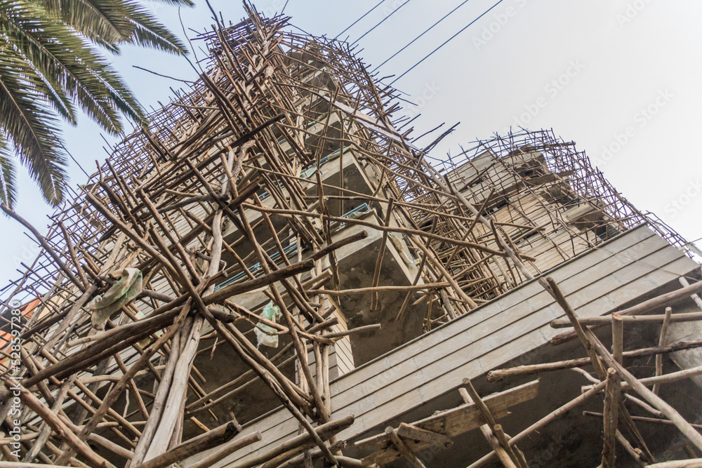 Wooden scaffolding on a building in Bahir Dar, Ethiopia