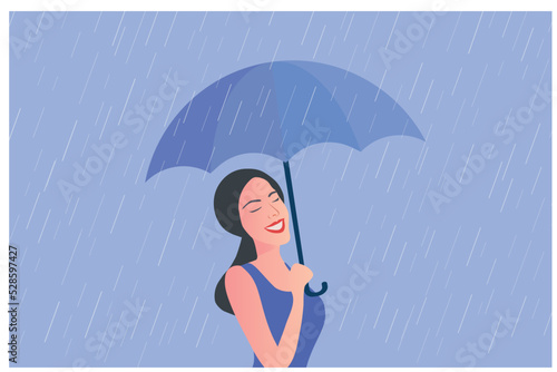 Young woman holding umbrella in raining day, walking under the rain vector illustration