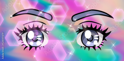 Big anime cartoon eyes with long eyelashes and sparkles.