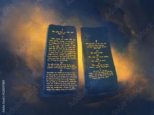 Fotótapéta Ten Commandments glowing on blue stone tablets, Decalogue Law Exodus 20 sapphire religious illustration