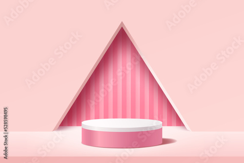 Empty 3d round podium with pink abstract geometric shape and triangular hole wall