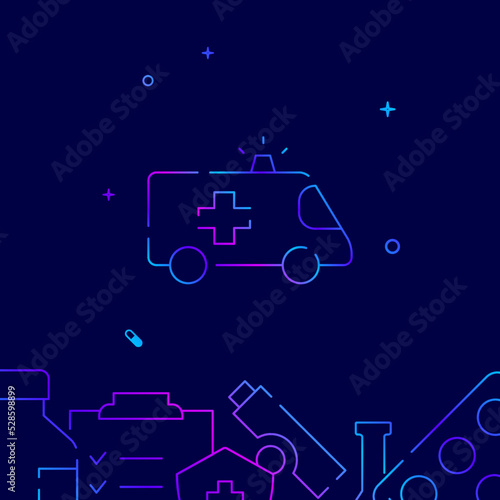 Ambulance car gradient line vector icon, simple illustration on a dark blue background, medicine related bottom border.