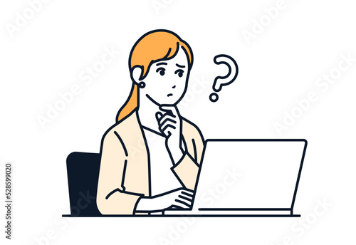 ノートパソコンの前で悩む女性のシンプルなベクターイラスト素材