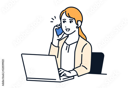スマートフォンで通話をしながらノートパソコンで仕事をするスーツの女性のシンプルなベクターイラスト素材