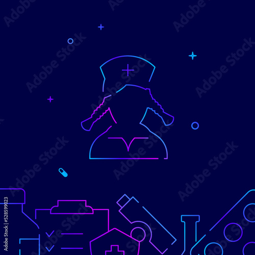 Nurse, sister of mercy gradient line vector icon, simple illustration on a dark blue background, medicine related bottom border.
