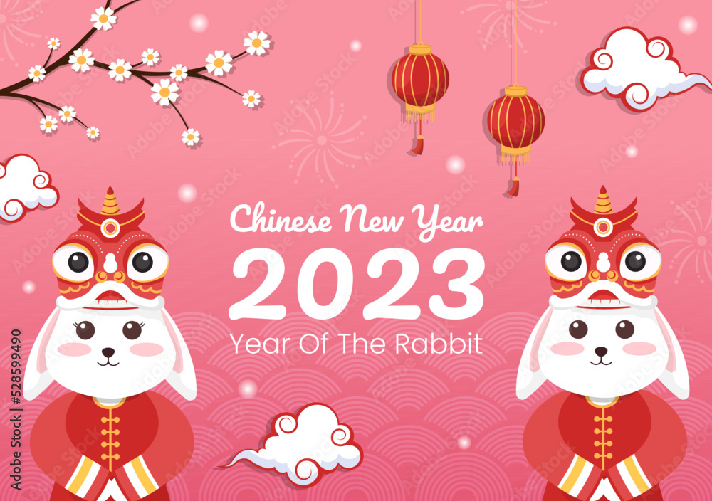 Chinese Lunar New Year 2023 Day of the Rabbit Zodiac Sign Template Hand Drawn Cartoon Flat Illustration with Flower, Lantern and Red Color Background