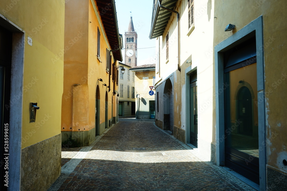 Obraz premium View of the Bell Tower of Treviglio,Italy. So known, in reality it is a Civic Tower ln Lombard Gothic style, today it is the seat of the historical museum of Treviglio