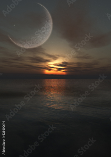 an epic sunset with giant moon over the vast serene ocean with clouds in the deep sky