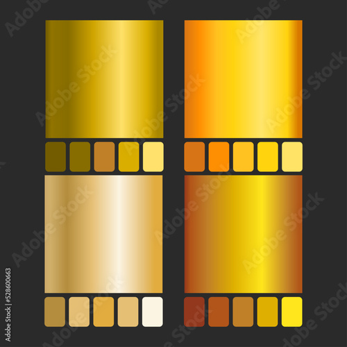 Gold foil texture collection with color pallete . Realistic elegant gold vector, shiny and metallic gradient template for gold border, frame, ribbon design. vector background