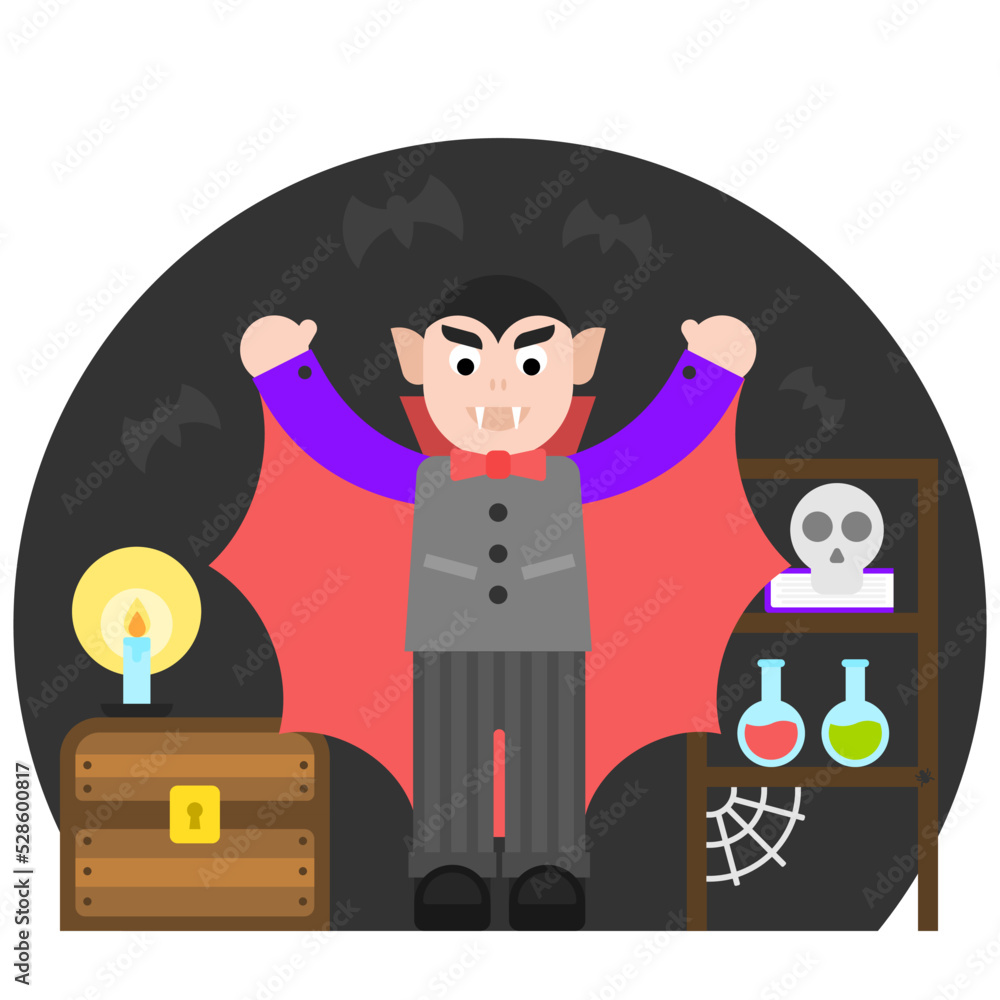 Halloween Scene: Scary Vampire in the Dungeon. Flat design style vector illustration.