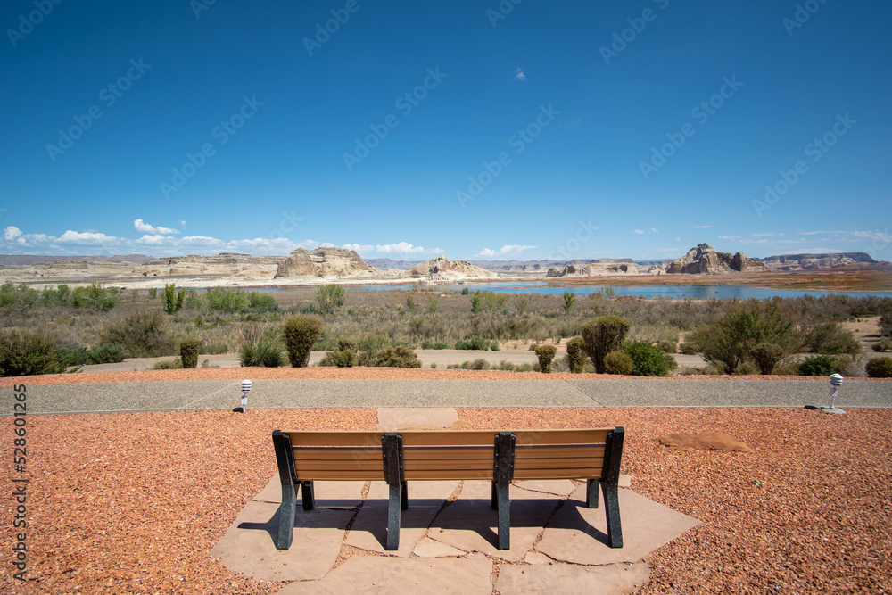 Scenic view of Lake Powell in Page Arizona from a bench