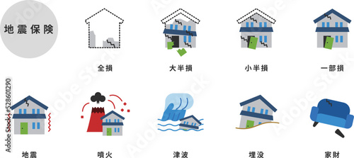 地震保険の家の被害のフラットなカラーのアイコンセット