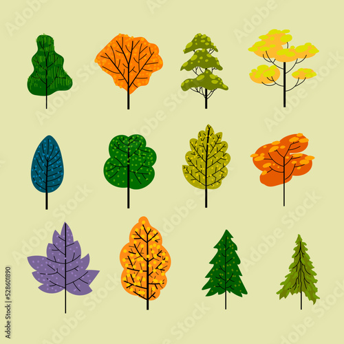 Set of abstract stylized trees icon,symbol,character vector. Natural illustration.
