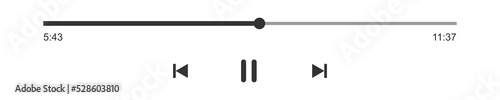 Loading bar of audio or video player with progress slider, minutes timer, pause, rewind and fast forward buttons. Outline template of media player playback panel interface. Vector graphic illustration