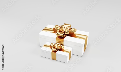 3d rendering white gift box with gold ribbon isolated on white background