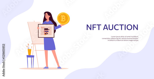 Banner Auction NFT, sale of non-fungible tokens of paintings for cryptocurrency. Girl art dealer sells art on the Internet. Vector flat. Web Template