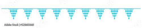 Oktoberfest bunting with triangle flags in Bavarian colors. Garland for traditional German beer festival party with blue and white rhombus pattern for banner, card, poster. Vector flat illustration