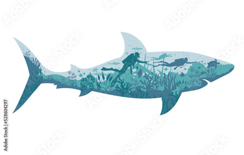 Illustration of a scuba diver with the underwater live with a shark shape vector art stock images