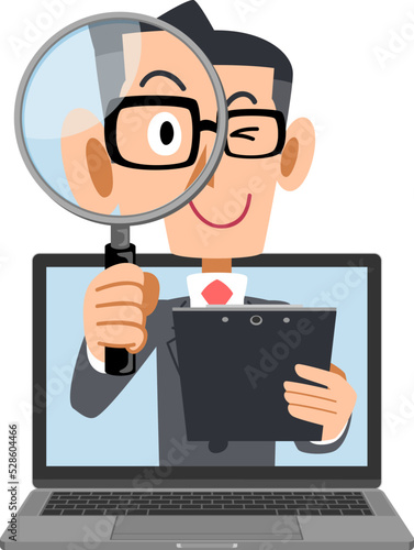 オンラインで調査するスーツ姿の男性
