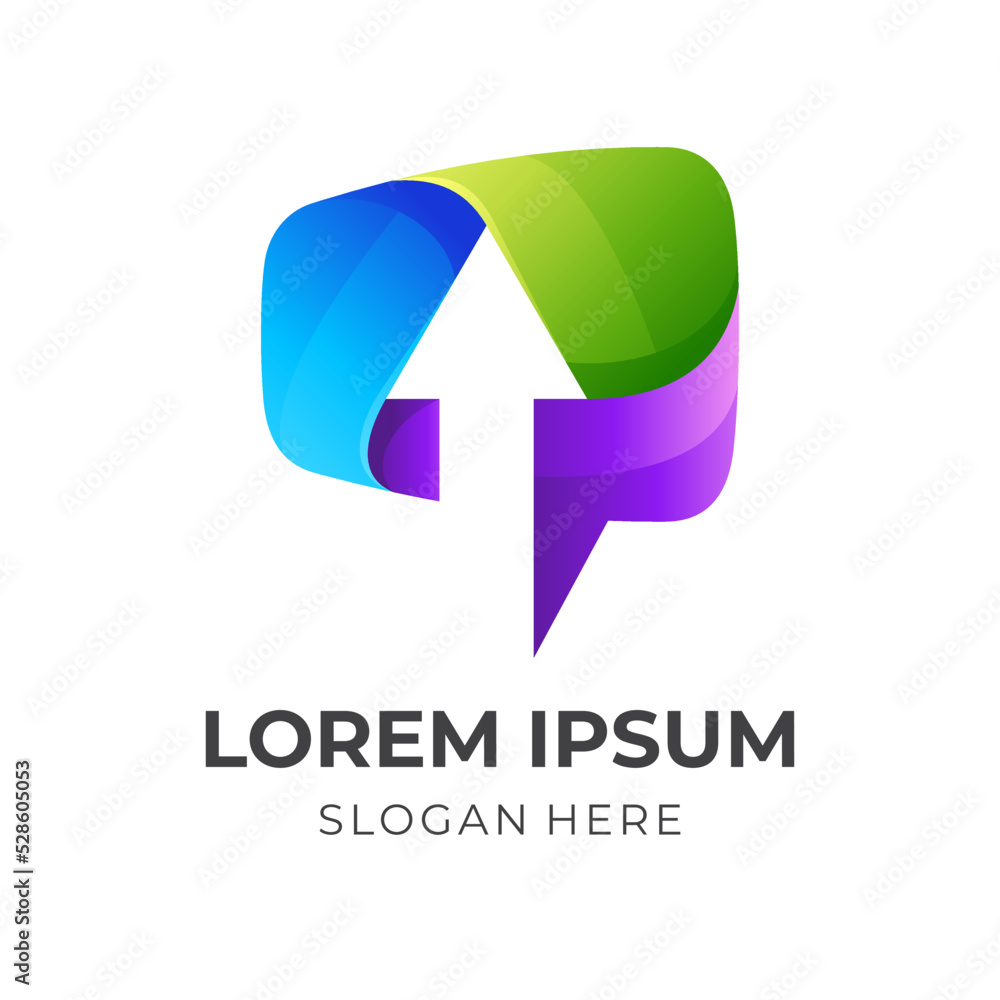 chat up logo design, bubble chat and arrow combination logo with 3d colorful style chat up logo design, bubble chat and arrow combination logo with 3d colorful style