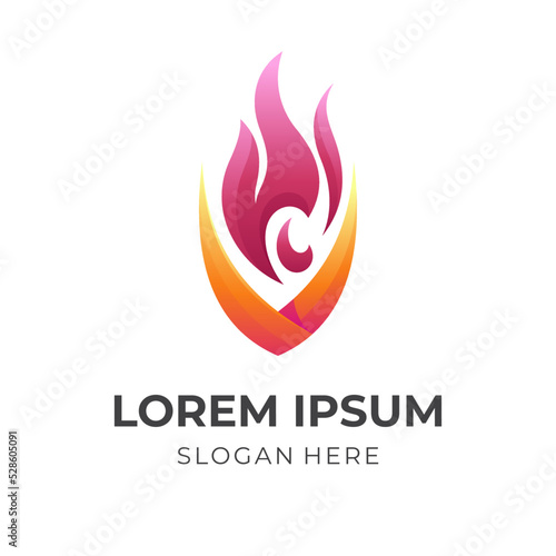 shield fire logo concept, shield and fire combination logo with 3d red and orange color style
