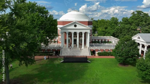 University of Virginia, UVA campus grounds. Rising aerial reveal of Rotunda on summer day. photo