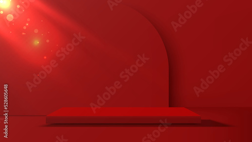 Empty square pedestal for product display on Red room scene background. Vector illustration.