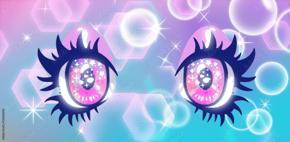 Big anime cartoon eyes with long eyelashes and sparkles. Big anime cartoon eyes with long eyelashes and sparkles.