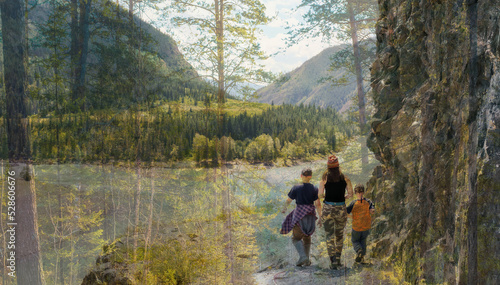 family walking in the countryside. double exposure photo 