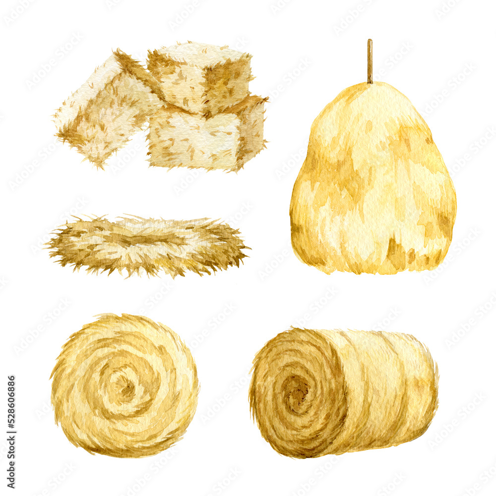 Hay and straw making watercolor illustration set. Hand drawn hay roll