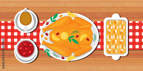 illustration vector isolated cartoon of traditional roast turkey with gravy sauce side dishes on wooden dinner table top view