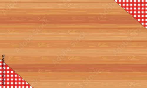 illustration vector background of wooden table with checkered red and white tablecloth for dinner at home, cooking on kitchen table, natural  homemade product banner as concept