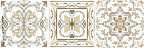 Set of watercolor illustrations - ceramic tile stylization with gray ornaments. Azulejos portugal, Turkish ornament, Moroccan tile mosaic, Talavera ornament.