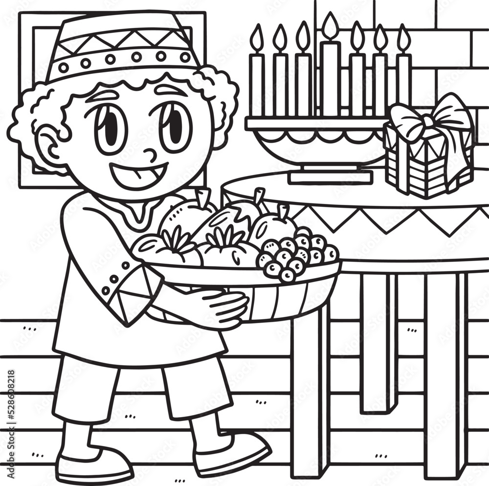 Kwanzaa Boy Carrying Mazao Coloring Page for Kids Stock Vector | Adobe ...