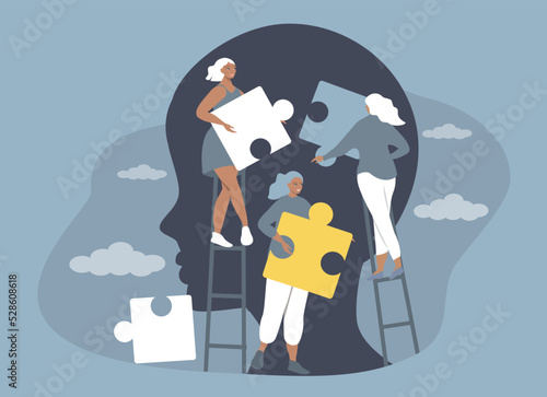 vector hand drawn illustration on the theme of psychotherapy, mental assistance. women collect a puzzle in a human's head. trend illustration in flat style