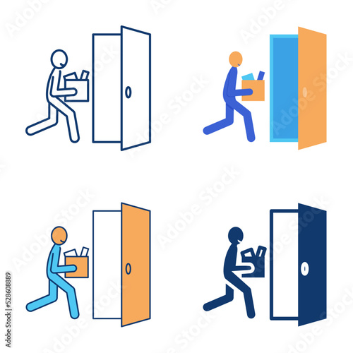 Happy employee leaving office icon set in flat and line style