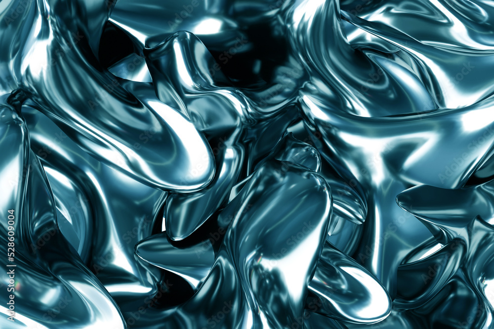 Liquid metal texture. Molten metal background. Liquid capital in turquoise  hue. Texture of elastic metal close-up. Visualization of liquid steel.  Stylish iron background. 3d rendering. ilustración de Stock