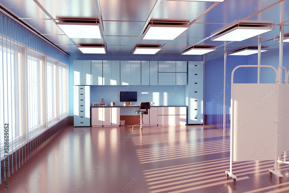 Hospital interior. Rooms for receiving patients. Place for examining hospital patients. Spacious room with computer near wall. Interior of modern hospital. Doctors office with large windows. 3d image. Hospital interior. Rooms for receiving patients. Place for examining hospital patients. Spacious room with computer near wall. Interior of modern hospital. Doctors office with large windows. 3d image.