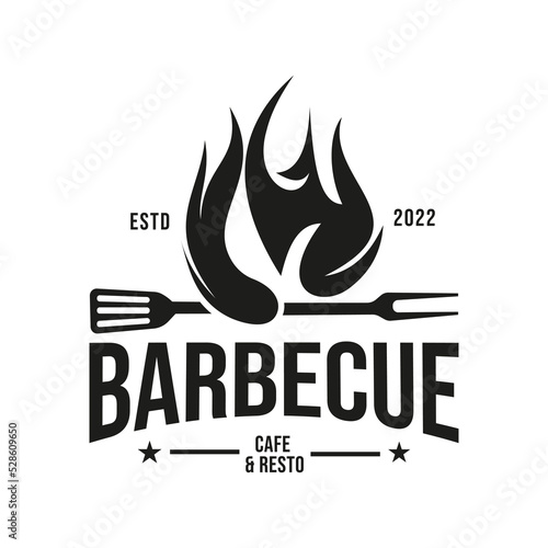 Vintage hipster Grill Restaurant logo with fork and fire spatula. Logo Stamp vector design