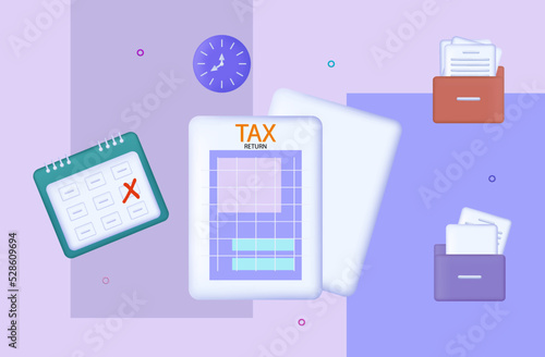 3d tax return. Time of submission of the declaration. Work table with paper document page, calendar, clock, archive folders. The concept of filling, handing over the annual report. Vector illustration