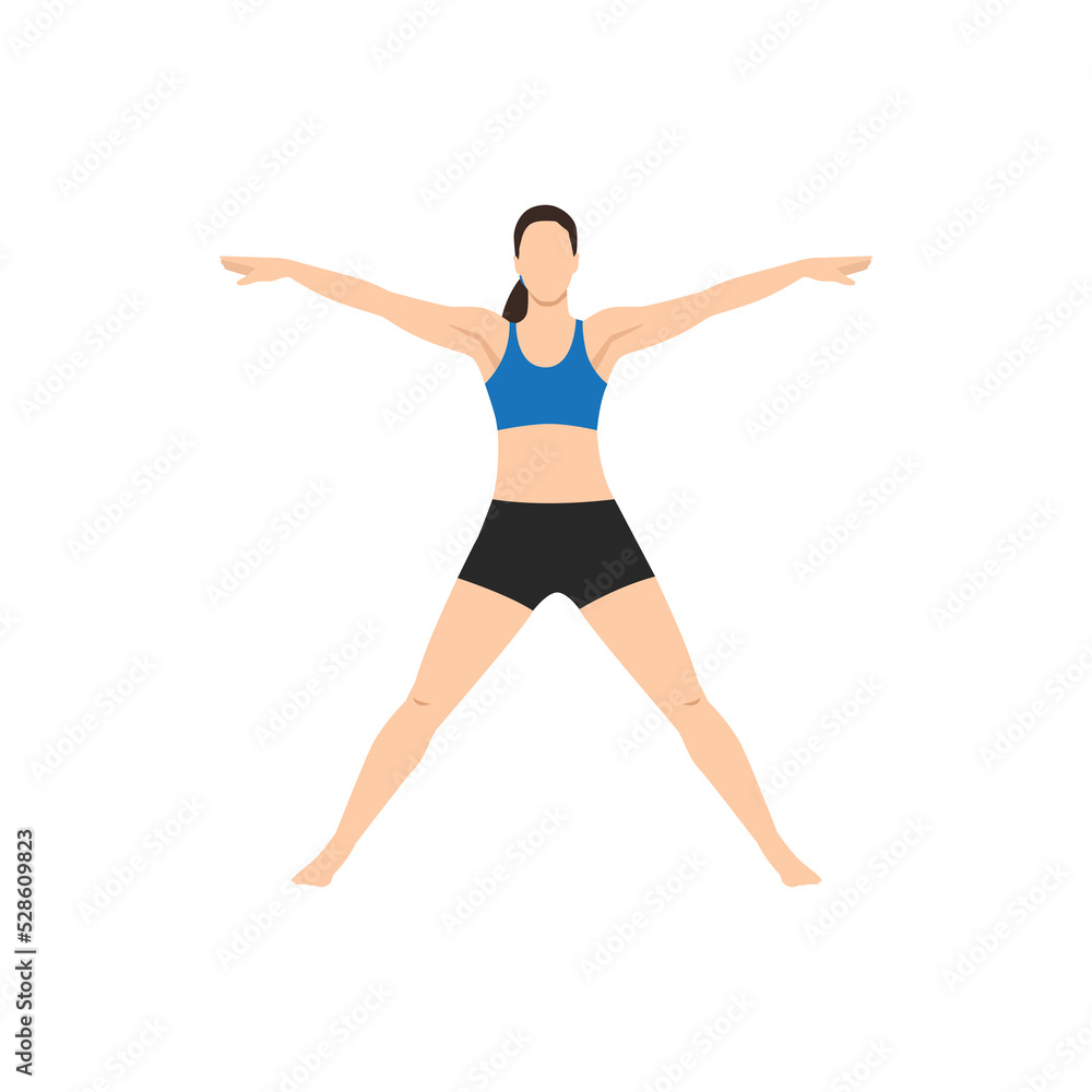 Woman doing Five Pointed Star Pose, Star Pose, Utthita Hasta Padasana. Utthita Tadasana. Flat vector illustration isolated on white background