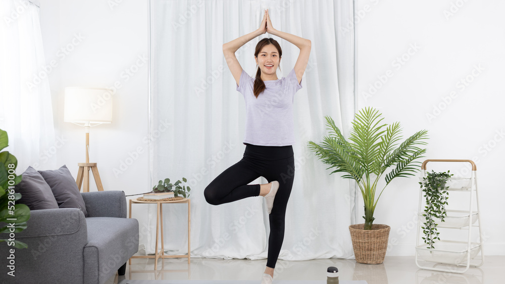 Beautiful Asian woman in sportswear is warming up or doing light exercises in the house with dumbbells and a protein shake or bottle of water and using a laptop at home, Healthy exercise. Beautiful Asian woman in sportswear is warming up or doing light exercises in the house with dumbbells and a protein shake or bottle of water and using a laptop at home, Healthy exercise.