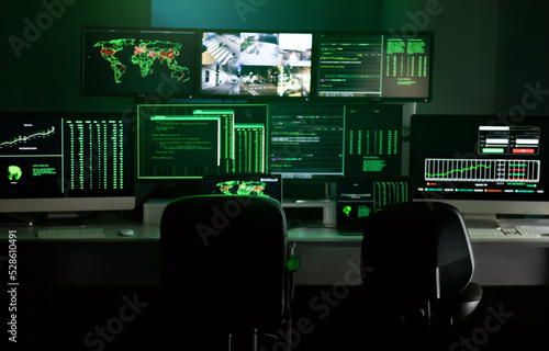 Hacker empty lair with multiple monitor screens and security cameras. Hacker dark hideout space.