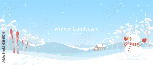 Vector illustration of winter banner background. Snow landscape with snowman and skis.