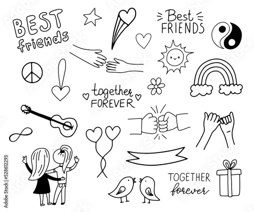 Friendship clipart set. Doodle collection with quotes, friends girls, party decoration. Hand drawn outline icons