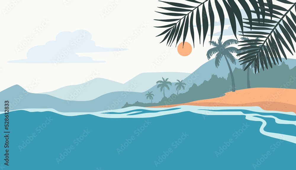 Summer beach background clouds and sky, waves and sea with palm leaves. Design illustration.