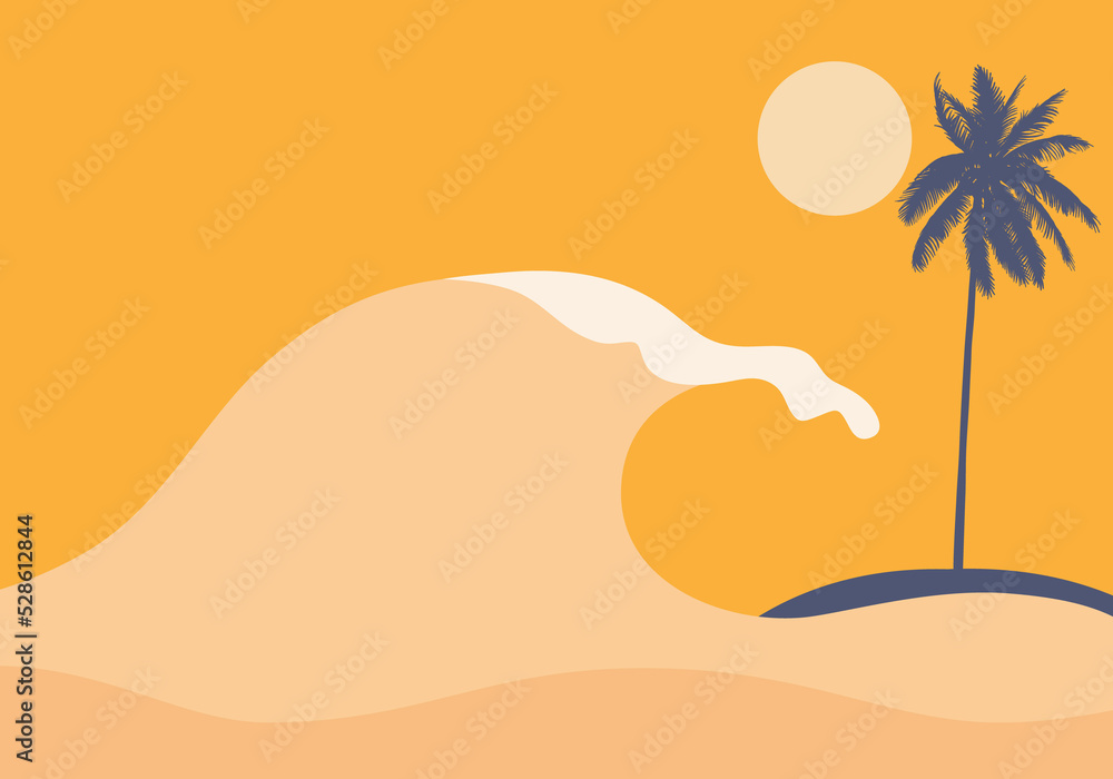 Abstract summer tropical big wave on the beach palm tree and the sun ...