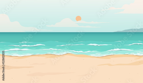 Summer beach background clouds and sky, waves and sea with palm leaves. Design illustration.