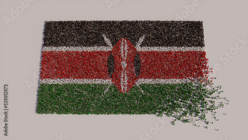 A Crowd of People coming together to form the Flag of Kenya. Kenyan Banner on White.