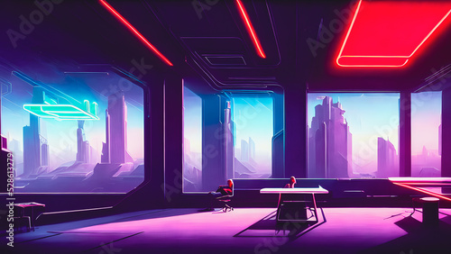 Artistic concept painting of a beautiful home cyberpunk interior  background illustration.